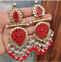 Bollywood Style Gold Plated Indian Kundan Long Red Earrings Jewelry Set - £29.27 GBP