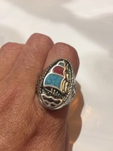 Vintage Southwestern Silver Men&#39;s Genuine Turquoise Stone Inlay 13 Ship Ring - £26.61 GBP