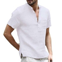 Camisas De Lino Entalladas Para Hombre Manga Corta Algodón Sólido Con Cu... - £17.66 GBP