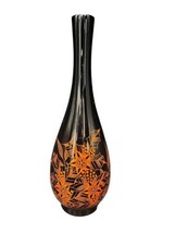 Asian Black Lacquer Vase Brass Inside Orange Flowers 10&quot; Decor - £13.44 GBP