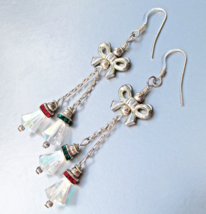 Christmas Crystal BELLs, BOWs Vtg Dangle Pierced Sterling &amp; Silver Tone ... - $19.75