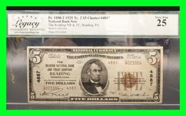 Fr. 1800-2 1929 Ty-2 $5 Charter #4887Reading, PA National Bank &amp; TC Lega... - £241.40 GBP