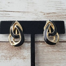 Vintage Clip On Earrings - Black &amp; Gold Tone Interlocking 1&quot; - $15.99