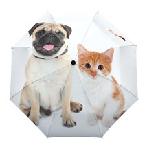 Bulldog And Cat Pet Rain Umbrella Three Folding Portable Automatic Parasol - £66.48 GBP