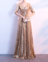 Gold Long Sequin Dress Gowns Women Half Sleeve Plus Size Sequin Dress image 2