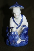 Vintage Porcelain Chinese Fisherman Figurine Hand Painted Cobalt and Gold - $31.24