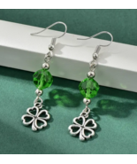 St Patrick&#39;s Day - Lucky 4 Leaf Clover  Charm  &amp; Green Bead Dangle Earrings - £6.27 GBP