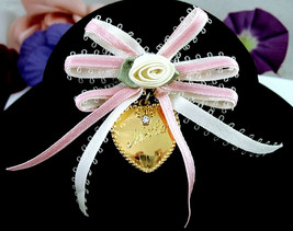 Mother Pin Ribbons &amp; Heart Brooch Vintage Pink White Rhinestone With Box Avon - £15.02 GBP