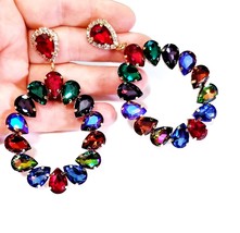 Colorful Chandelier Earrings, Rhinestone Crystal 3.5 in Hoops, Pageant Bridal Dr - $41.58