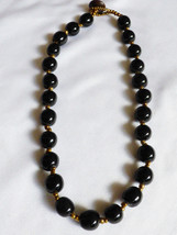 Black glass round beads strand necklace 19&quot;L wood button clasp - £19.35 GBP