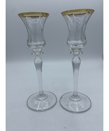 Crystal Glass Gold Rim 8&quot; Candle Holder Set of 2 - £12.52 GBP