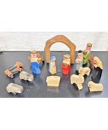 Hand Carved Christmas Nativity Set 16 pc Putz Village Wood Miniature 2&quot; ... - $24.26