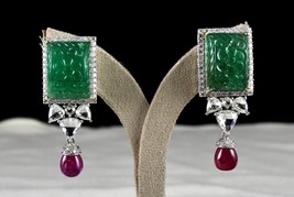 Natural Zambia Emerald Carved Burma Ruby Drop Rose Cut Diamond 18K Gold Earring - £17,465.92 GBP