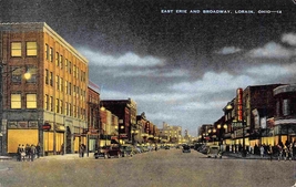 East Erie Broadway Street Scene Night Lorain Ohio 1940s linen postcard - $6.44