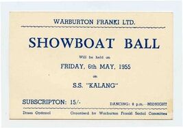 Warburton Franki Showboat Ball Ticket 1955 S S Kalang Sydney Australia - $15.84