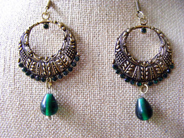 Golden Tibetan Silver Filigree Hoop Green Rhinestones Beaded Dangle Earrings - £9.46 GBP