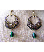 GOLDEN TIBETAN SILVER FILIGREE  HOOP GREEN RHINESTONES BEADED DANGLE EAR... - $224.29 MXN