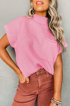 Pink Patch Pocket Ribbed Knit Short Sleeve Sweater - $31.99