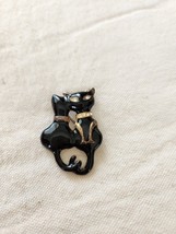 Black Enamel Kitty Cats Pin Brooch With Rhinestone Eyes &amp; Collar - $16.82