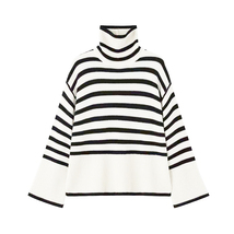 Kirzada Long Sleeves Knit Sweater Turtleneck Striped Tops Ladies Side Slit - £31.13 GBP