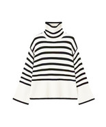 Kirzada Long Sleeves Knit Sweater Turtleneck Striped Tops Ladies Side Slit - $39.59