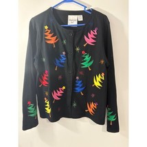 Michael Simon Light Holiday Cardigan Embroidered Festive Button Front Black - $822.26 MXN