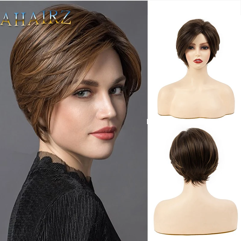 Synthetic Brown Wigs Short Straight Fluffy Pixie Cut Wigs for Black/White Wom - £16.52 GBP