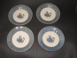 4 Vintage Saucers Currier and Ives Royal China Steamboat Blue &amp; White Ma... - $21.78