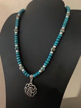 Silver Tone Woven Rose Pendant With Blue Calsilica Jasper/Turquoise Wood Accents - £24.38 GBP