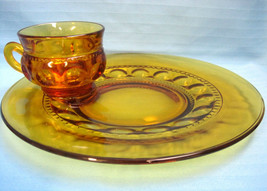 Indiana Kings Crown Thumb Print Amber Depression Glass Snack Set 3 Plates Cups X - £35.43 GBP