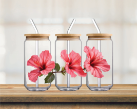 3 Pink Hibiscus Flowers  | UV DTF 16oz Glass Can - $75.62 MXN
