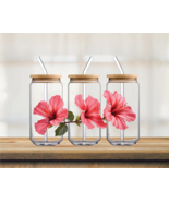 3 Pink Hibiscus Flowers  | UV DTF 16oz Glass Can - $5.47 CAD