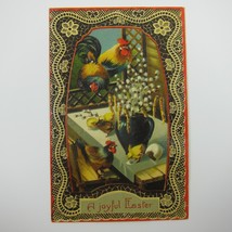 Easter Postcard Rooster Chickens &amp; Yellow Chicks Hatch Table Embossed Antique - £7.97 GBP