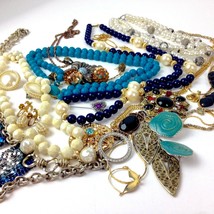 Costume Jewelry Lot Boho Mod mixed materials Blue White rhinestone vtg 2... - $29.65