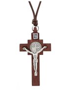 Saint Benedict Wood 2.5&quot; Crucifix on Cord Necklace, New #MD-073 - $182.48 MXN