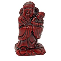 Fuk Red Resin Chinese Wise Man Figurine Holding Child Feng Shui  Luck Wealth - £9.39 GBP