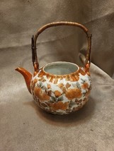 Vintage Asian Teapot Painted Orange/Gold Floral And Birds W/Bamboo Handl... - £11.93 GBP