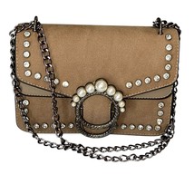 Unbranded Faux Suede Shoulder Bag Rhinestone Pearl Detail Chain Strap Br... - $25.00