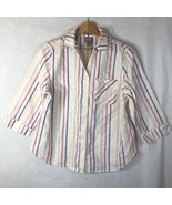 Chico&#39;s Size 1 White Striped Button Up Shirt Linen Blend Red Blue Yellow - £19.48 GBP