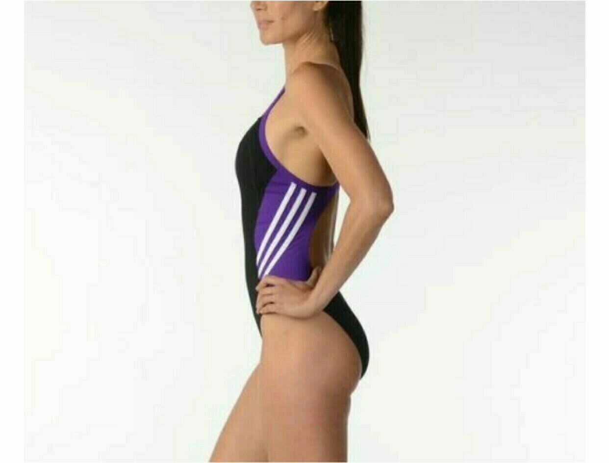adidas Black Purple Solid Splice Vortex Back Swimsuit 1 Pc Swim Team Girl's 24 - $22.99