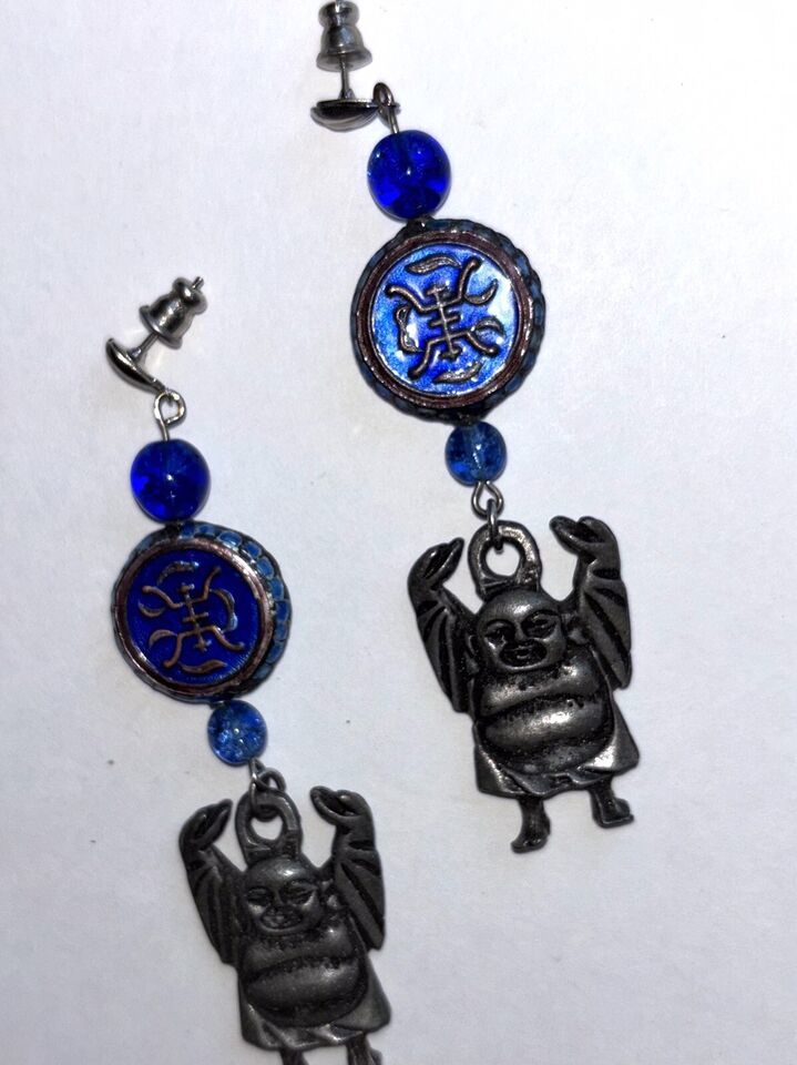 Vintage Earrings Asian Metal Lucky Buddha Enamel Bead Dangle Glass Beads... - $18.00