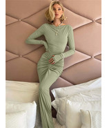 Pleated Slim High Waist Patchwork Long Sleeve Solid Bodycon Dress - $48.95