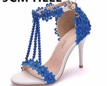 Omen sandals sky blue lace flowers pearl tassel bridal 9cm fine high heels slender thumb155 crop