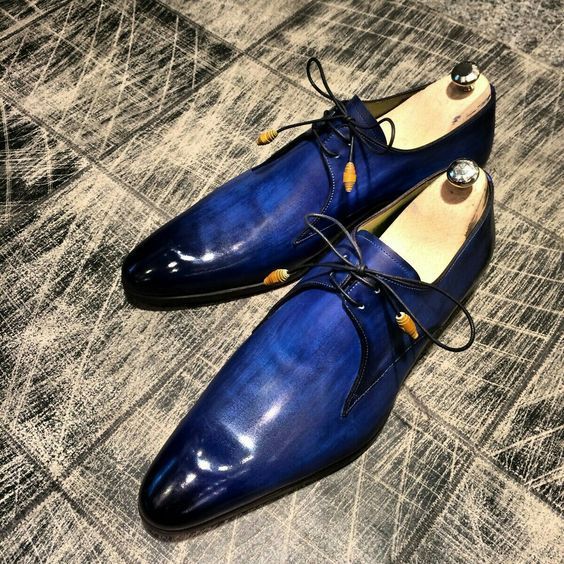 Men Blue Burnished Pointed Toe Derby LaceUp Custom Genuine Leather Shoes US 7-16