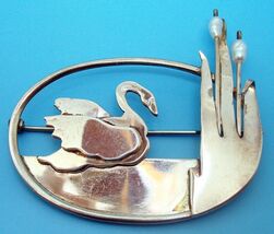 Sterling Hand Wrought Brooch with Swan and Pearls (#J2979) - $313.74 CAD