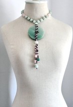Art Jewelry Jade Jadeite Pink Rose Quartz Garnet Beads Handmade Long Nec... - £233.62 GBP