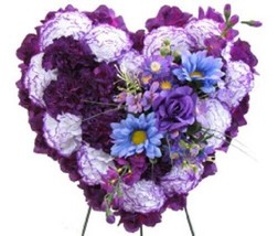 Cemetery Silk Flower Purple / White Heart Easel Mount grave-site Presentation - £72.17 GBP