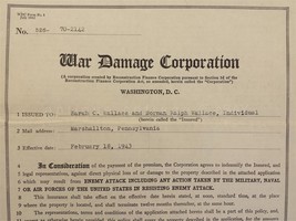 1943 Vintage Wwii War Damage Corp Insurance Policy Marshallton Pa Norman Wallace - £65.79 GBP
