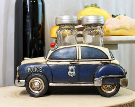 Vintage Blue Police Patrol Car Figurine Holder And Salt Pepper Shakers Set - £23.17 GBP
