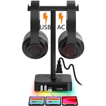 Rgb Dual Headphone Stand With Usb C Charger Desk Gaming Double Headset H... - $51.99
